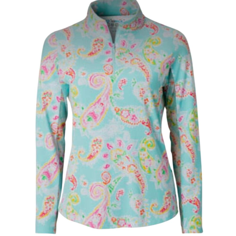 IBKUL Long Sleeve Mock Neck Top Quarter Zip in Deirdre Seafoam Print Women's XL